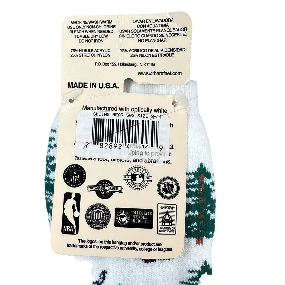 For Bare Feet Socks With Bear Skiing Winter Warm Made In USA Womens Size 9-11